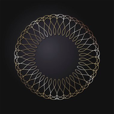 Dekoratif açılış çerçevesi, siyah arkaplanda altın soyut desenli. Dairesel süs. Tasarım için zarif bir unsur. Vektör.