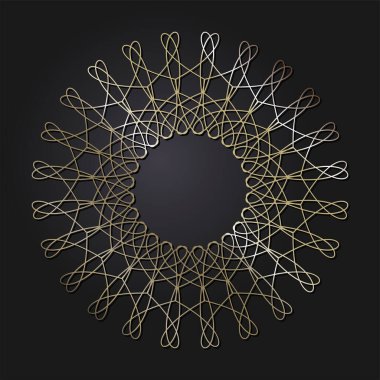 Dekoratif açılış çerçevesi, siyah arkaplanda altın soyut desenli. Dairesel süs. Tasarım için zarif bir unsur. Vektör.
