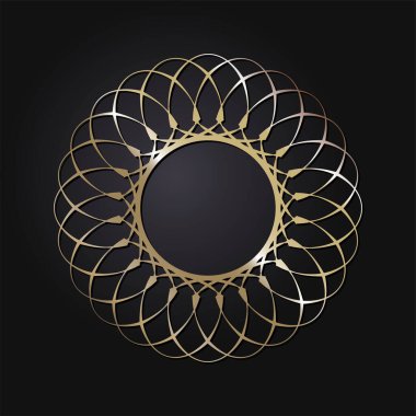 Dekoratif açılış çerçevesi, siyah arkaplanda altın soyut desenli. Dairesel süs. Tasarım için zarif bir unsur. Vektör.