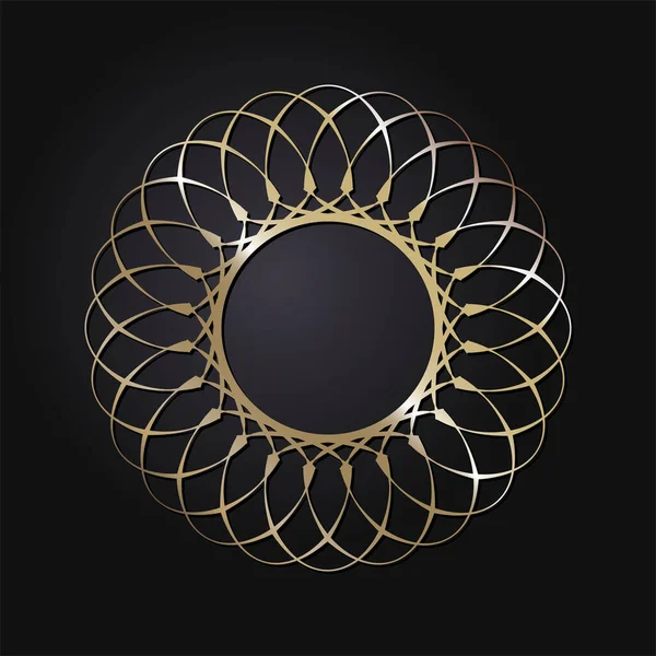 Dekoratif açılış çerçevesi, siyah arkaplanda altın soyut desenli. Dairesel süs. Tasarım için zarif bir unsur. Vektör.