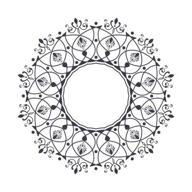 Soyut çiçek süsüsüyle dekoratif yuvarlak çerçeve. Dairesel çerçeve. Tasarım için zarif bir unsur. Vektör.