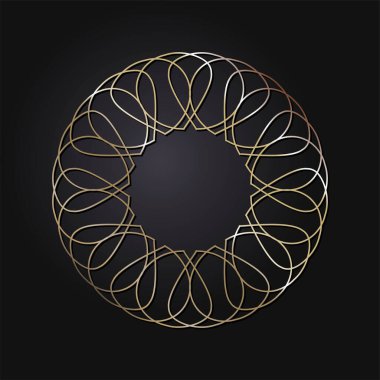 Dekoratif açılış çerçevesi, siyah arkaplanda altın soyut desenli. Dairesel süs. Tasarım için zarif bir unsur. Vektör.