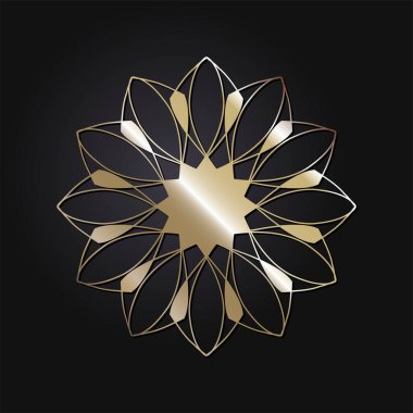 Dekoratif açılış çerçevesi, siyah arkaplanda altın soyut desenli. Dairesel süs. Tasarım için zarif bir unsur. Vektör.