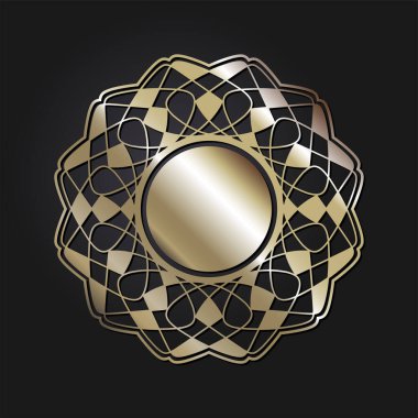 Dekoratif açılış çerçevesi, siyah arkaplanda altın soyut desenli. Dairesel süs. Tasarım için zarif bir unsur. Vektör.