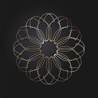 Dekoratif açılış çerçevesi, siyah arkaplanda altın soyut desenli. Dairesel süs. Tasarım için zarif bir unsur. Vektör.