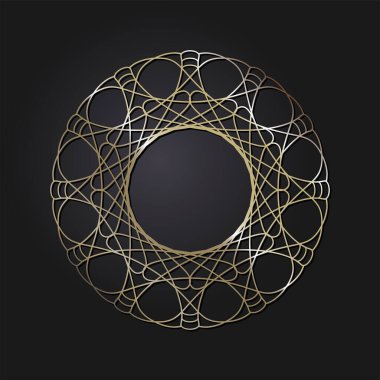 Dekoratif açılış çerçevesi, siyah arkaplanda altın soyut desenli. Dairesel süs. Tasarım için zarif bir unsur. Vektör.
