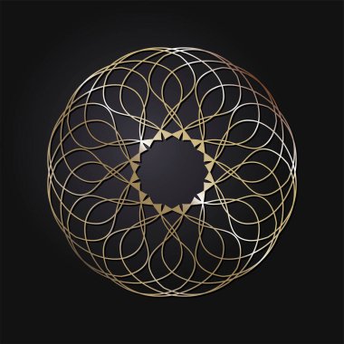Dekoratif açılış çerçevesi, siyah arkaplanda altın soyut desenli. Dairesel süs. Tasarım için zarif bir unsur. Vektör.