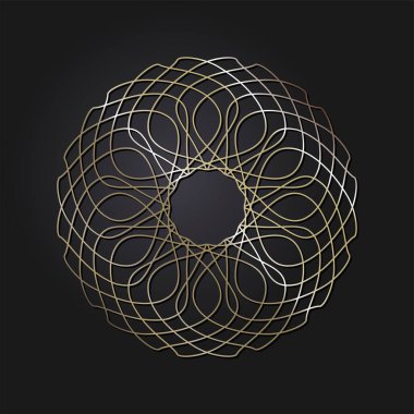 Dekoratif açılış çerçevesi, siyah arkaplanda altın soyut desenli. Dairesel süs. Tasarım için zarif bir unsur. Vektör.