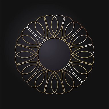 Dekoratif açılış çerçevesi, siyah arkaplanda altın soyut desenli. Dairesel süs. Tasarım için zarif bir unsur. Vektör.