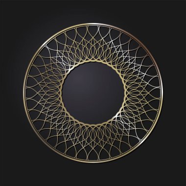 Dekoratif açılış çerçevesi, siyah arkaplanda altın soyut desenli. Dairesel süs. Tasarım için zarif bir unsur. Vektör.