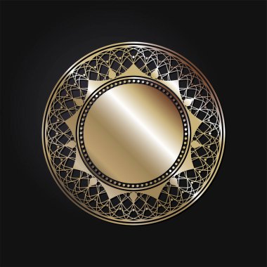 Dekoratif açılış çerçevesi, siyah arkaplanda altın soyut desenli. Dairesel süs. Tasarım için zarif bir unsur. Vektör.