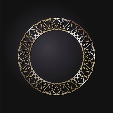Dekoratif açılış çerçevesi, siyah arkaplanda altın soyut desenli. Dairesel süs. Tasarım için zarif bir unsur. Vektör.