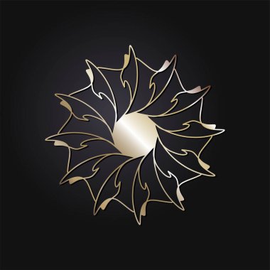 Dekoratif açılış çerçevesi, siyah arkaplanda altın soyut desenli. Dairesel süs. Tasarım için zarif bir unsur. Vektör.