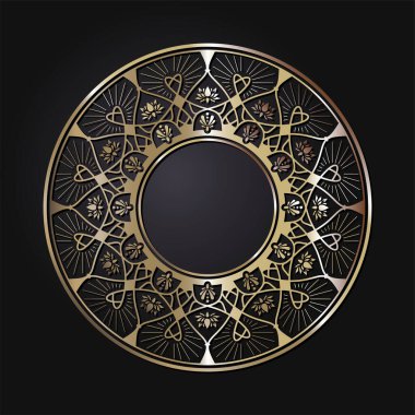 Dekoratif açılış çerçevesi, siyah arkaplanda altın soyut desenli. Dairesel süs. Tasarım için zarif bir unsur. Vektör.
