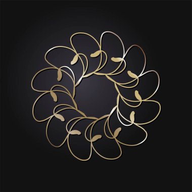 Dekoratif açılış çerçevesi, siyah arkaplanda altın soyut desenli. Dairesel süs. Tasarım için zarif bir unsur. Vektör.