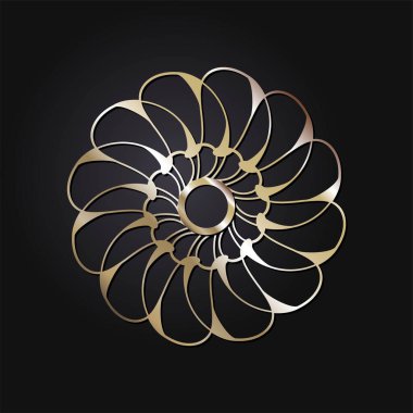 Dekoratif açılış çerçevesi, siyah arkaplanda altın soyut desenli. Dairesel süs. Tasarım için zarif bir unsur. Vektör.