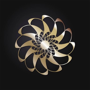 Dekoratif açılış çerçevesi, siyah arkaplanda altın soyut desenli. Dairesel süs. Tasarım için zarif bir unsur. Vektör.