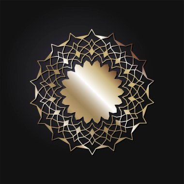 Dekoratif açılış çerçevesi, siyah arkaplanda altın soyut desenli. Dairesel süs. Tasarım için zarif bir unsur. Vektör.