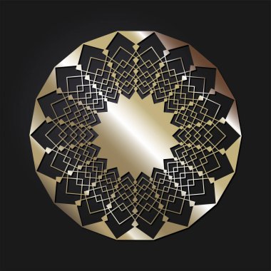 Dekoratif açılış çerçevesi, siyah arkaplanda altın soyut desenli. Dairesel süs. Tasarım için zarif bir unsur. Vektör.