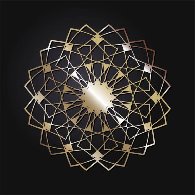 Dekoratif açılış çerçevesi, siyah arkaplanda altın soyut desenli. Dairesel süs. Tasarım için zarif bir unsur. Vektör.