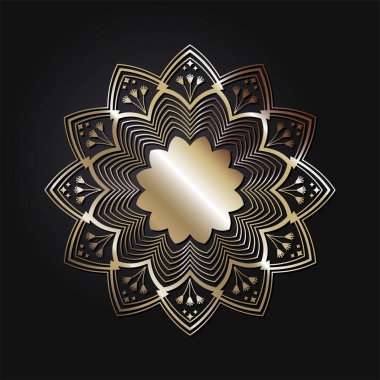 Dekoratif açılış çerçevesi, siyah arkaplanda altın soyut desenli. Dairesel süs. Tasarım için zarif bir unsur. Vektör.