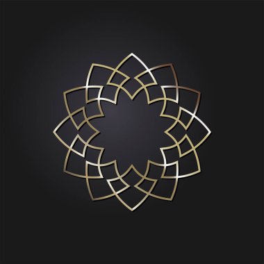 Dekoratif açılış çerçevesi, siyah arkaplanda altın soyut desenli. Dairesel süs. Tasarım için zarif bir unsur. Vektör.