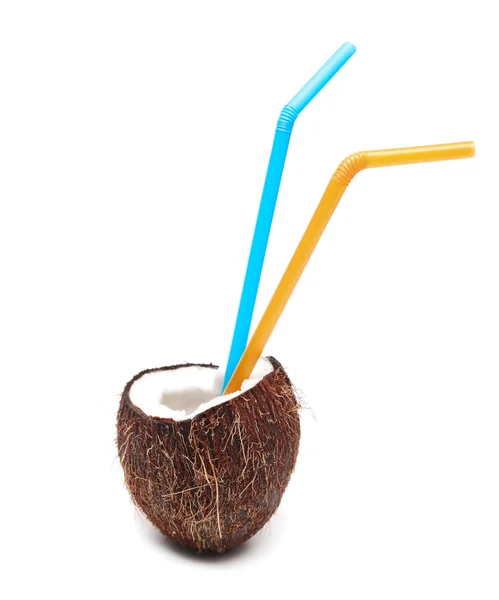 Kokosnöt med två sugrör — Stockfoto