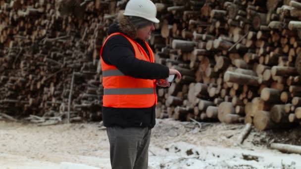 Engenheiro tirar fotos perto de pilhas de troncos no inverno — Vídeo de Stock