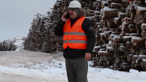 Μηχανικός μιλώντας στο smartphone κοντά σε σωρούς των κούτσουρων — Αρχείο Βίντεο