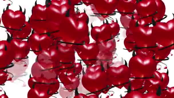 Fliegende rote Teufelsherzen mit Hörnern und Schwanz auf weißem Grund — Stockvideo