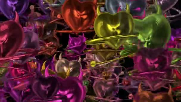 Fliegende Teufelsherzen mit Hörnern und Schwanz in verschiedenen Farben — Stockvideo