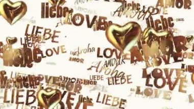 Çeşitli dillerde yazıtlar sevgiyle beyaz altın renkli Kalpler