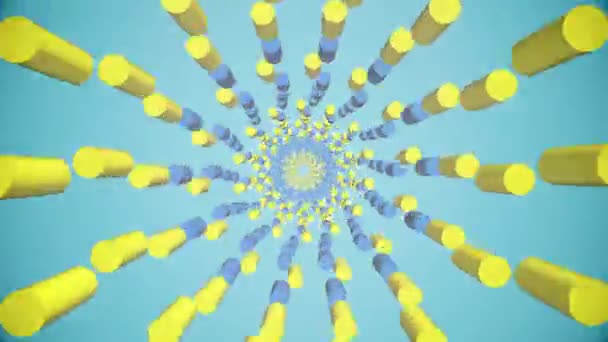 Летающие, вращающиеся объекты в спирали различных цветов на голубом — стоковое видео