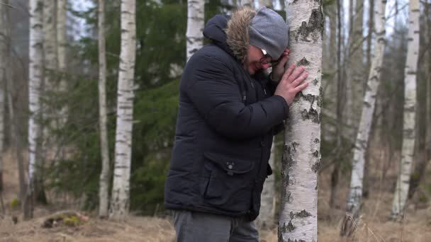 Плаче людина в березовому гаю — стокове відео