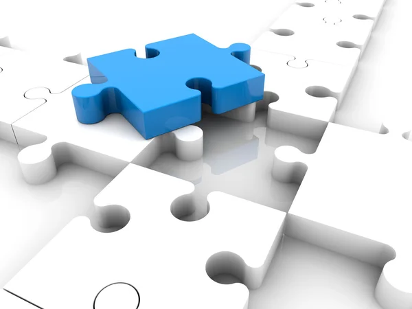 Blaues Puzzleteil auf weißen Puzzleteilen nahe Loch — Stockfoto