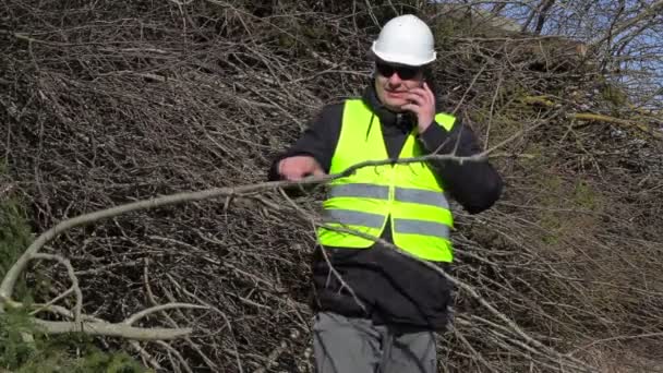 Lumberjack falando no telefone celular perto de pilha de ramos — Vídeo de Stock