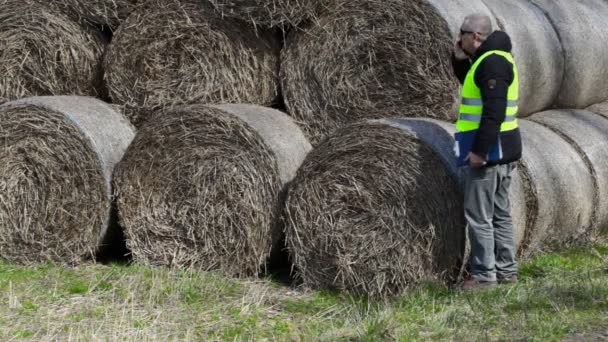 Agricultor verificando fardos de feno e falando no smartphone — Vídeo de Stock