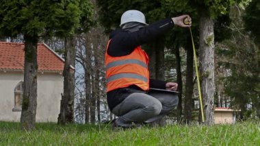 Müfettiş tree yakınındaki ölçü bandı ile bina