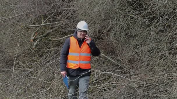 Drwal rozmawia inteligentny telefon i chodzenie w pobliżu kupie oddziałów — Wideo stockowe