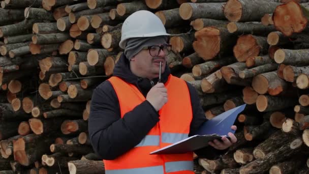 Lumberjack thinking near log of pile — Stock Video