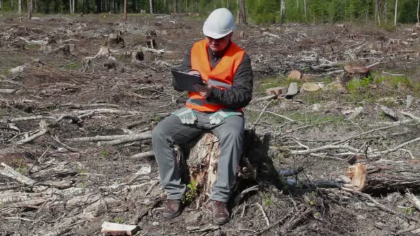 Milieu inspecteur fotograferen in de verwoeste bos — Stockvideo