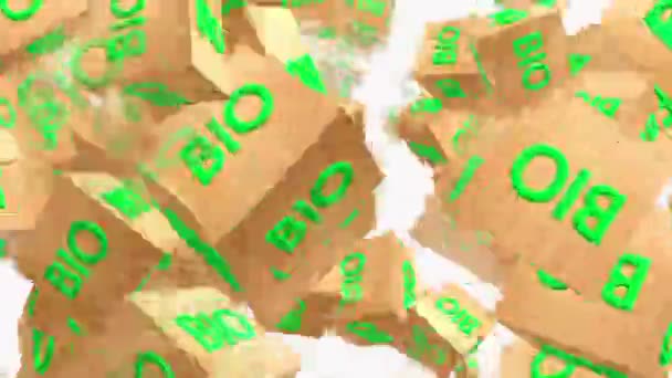 Fliegende Holzwürfel mit der Aufschrift bio auf weiß — Stockvideo