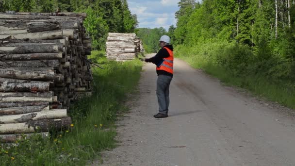 Skogshuggare med tablet Pc och promenader nära logg över högen — Stockvideo