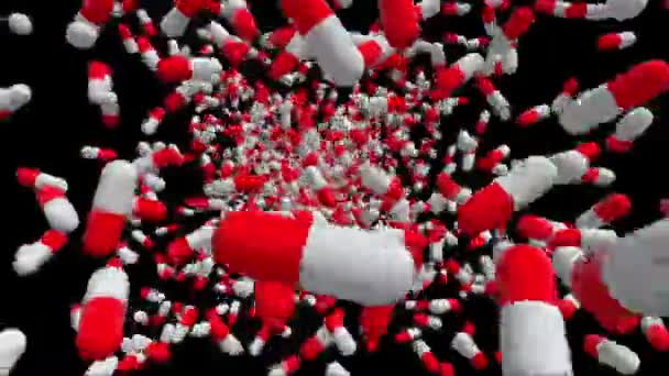 Vliegende pillen in rode en witte kleuren — Stockvideo
