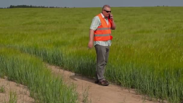 Jordbrukaren promenader och prata smarta telefon på spannmål field — Stockvideo