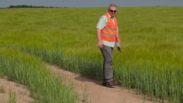 Jordbrukaren promenader och med hjälp av tablet Pc på spannmål field — Stockvideo