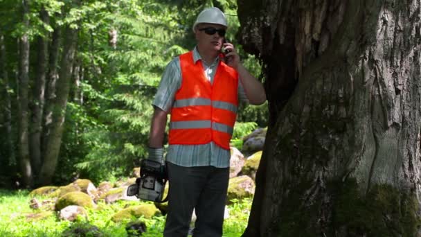 古い木の近くの smarth の電話で話しているチェーンソーで木こり — ストック動画