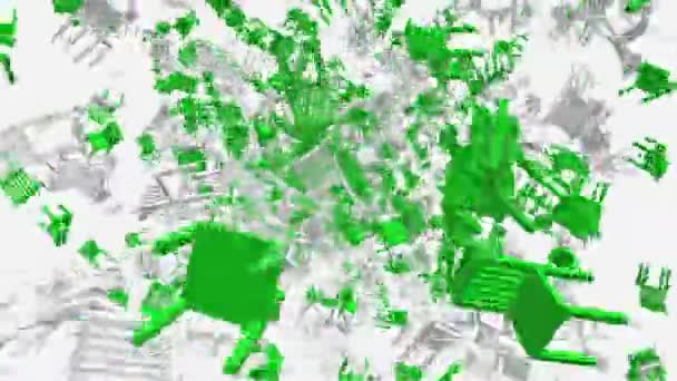 Літаючі дерев'яні стільці в зеленому і білому кольорах — стокове відео