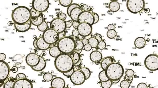 Chronometers, stopwatches en inscriptie tijd concept vliegen op wit — Stockvideo