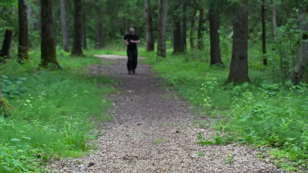 El hombre en el camino del bosque corre lentamente — Vídeos de Stock